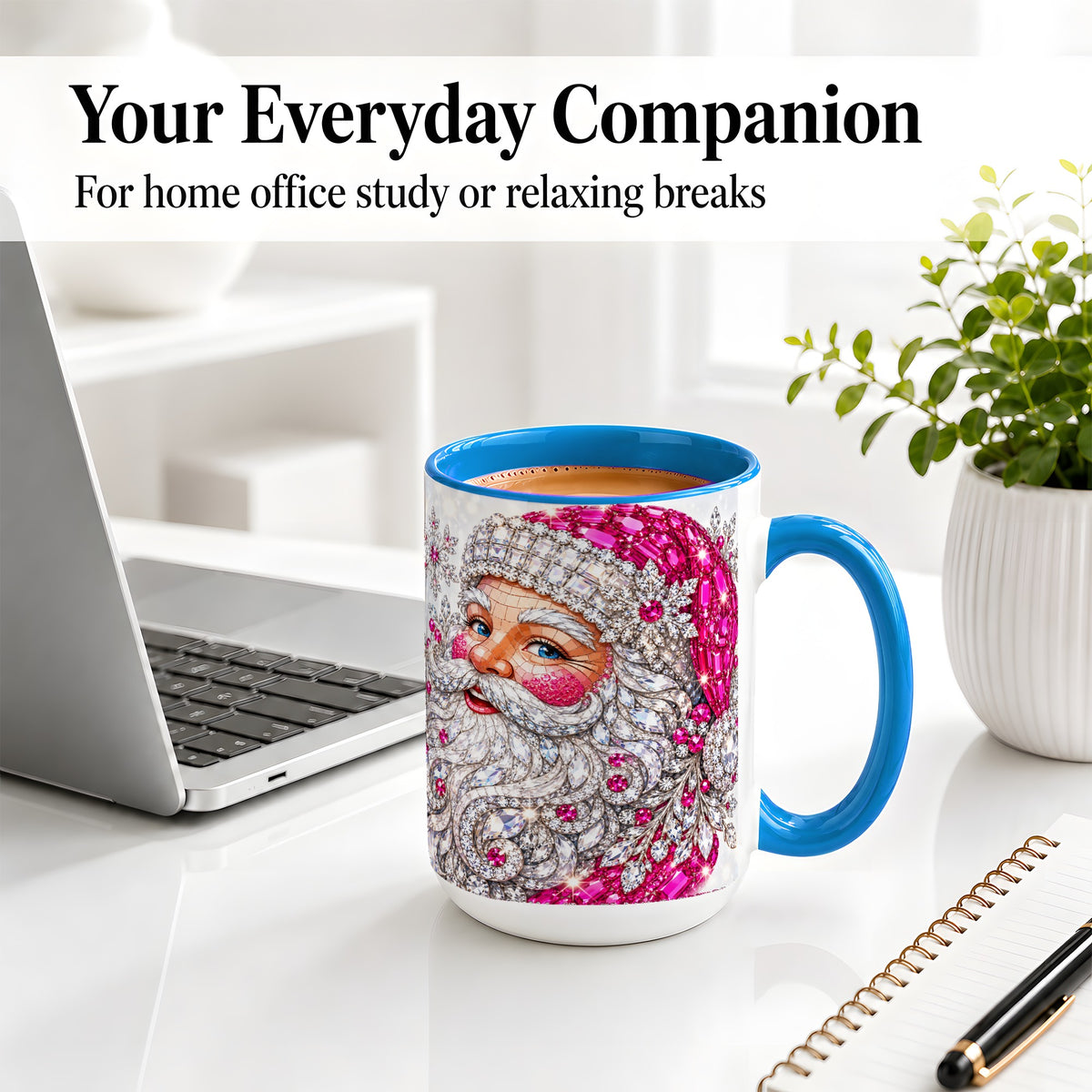 #pl[15oz|Blue] Jeweled Christmas Santa Ceramic Mug, Pink Crystal Holiday Artwork
