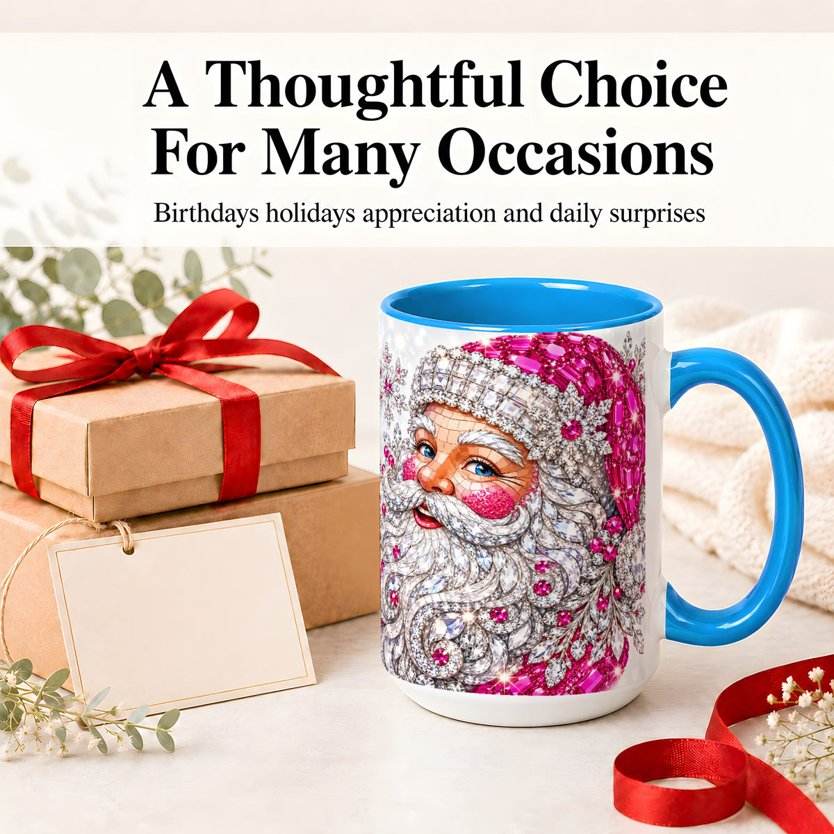 #pl[15oz|Blue] Jeweled Christmas Santa Ceramic Mug, Pink Crystal Holiday Artwork