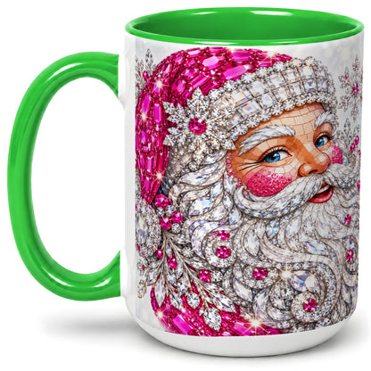 #pl[15oz|Green] Jeweled Christmas Santa Ceramic Mug, Pink Crystal Holiday Artwork