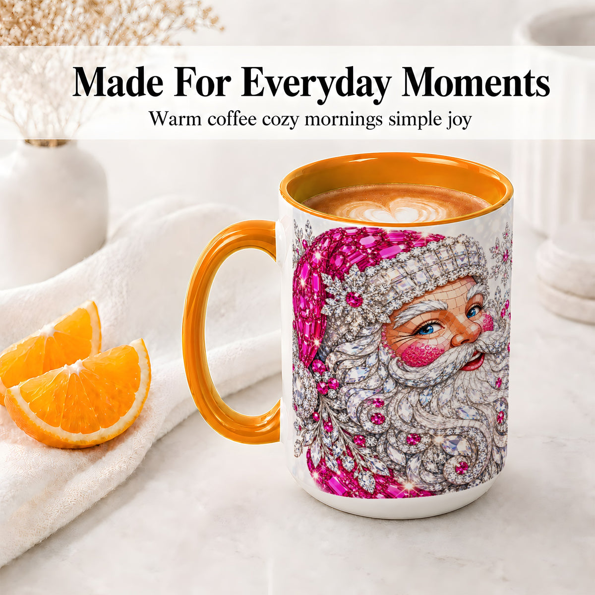 #pl[15oz|Orange] Jeweled Christmas Santa Ceramic Mug, Pink Crystal Holiday Artwork