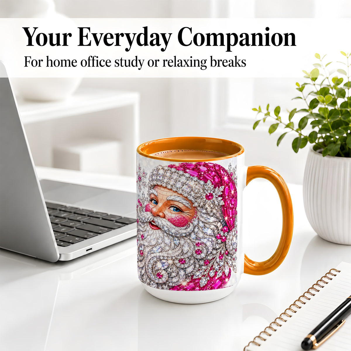 #pl[15oz|Orange] Jeweled Christmas Santa Ceramic Mug, Pink Crystal Holiday Artwork
