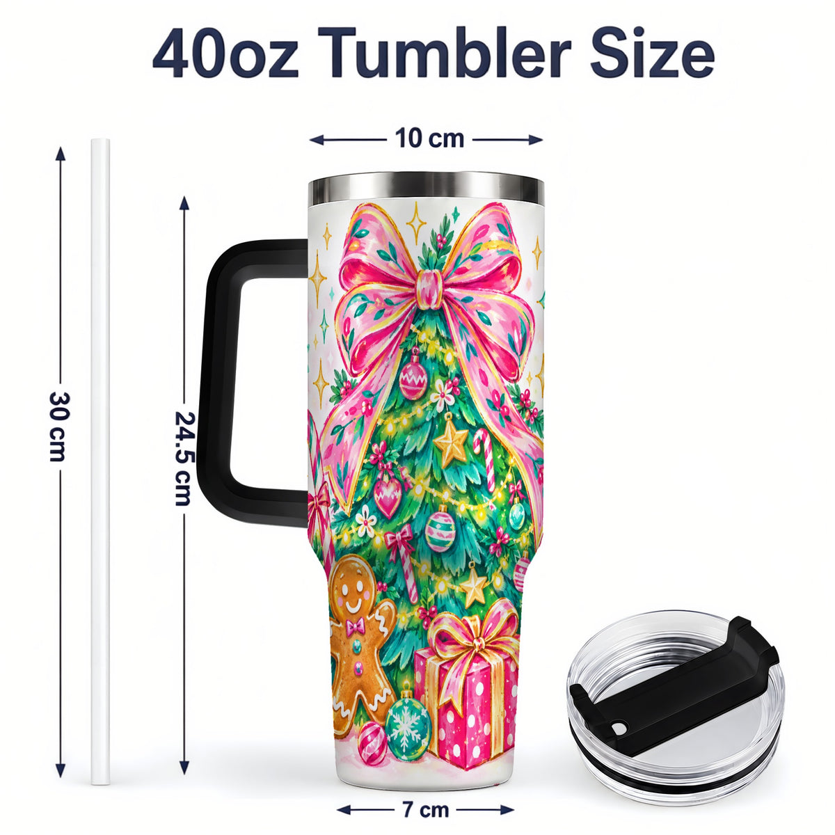 #pl[40oz|Black] Pink Bow Christmas 40oz Tumbler, Festive Tree Holiday Artwork Drinkware