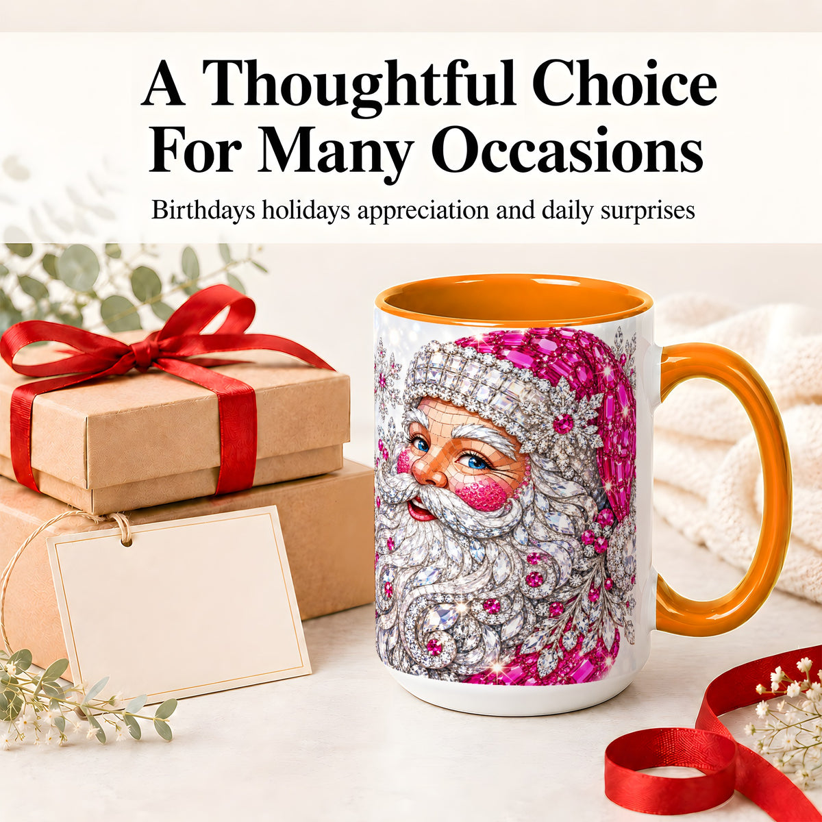 #pl[15oz|Orange] Jeweled Christmas Santa Ceramic Mug, Pink Crystal Holiday Artwork