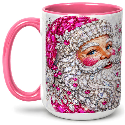 #pl[15oz|Pink] Jeweled Christmas Santa Ceramic Mug, Pink Crystal Holiday Artwork