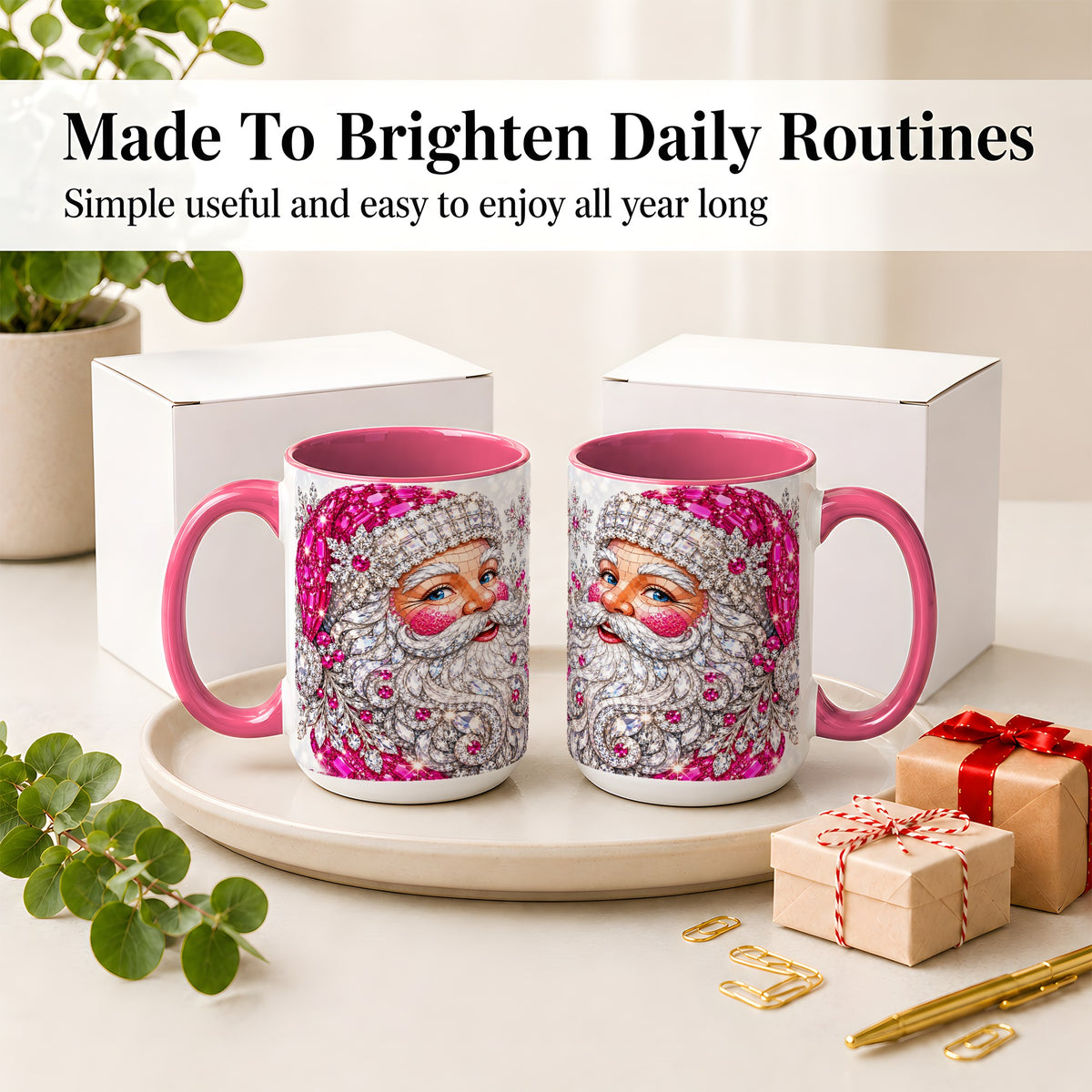 #pl[15oz|Pink] Jeweled Christmas Santa Ceramic Mug, Pink Crystal Holiday Artwork