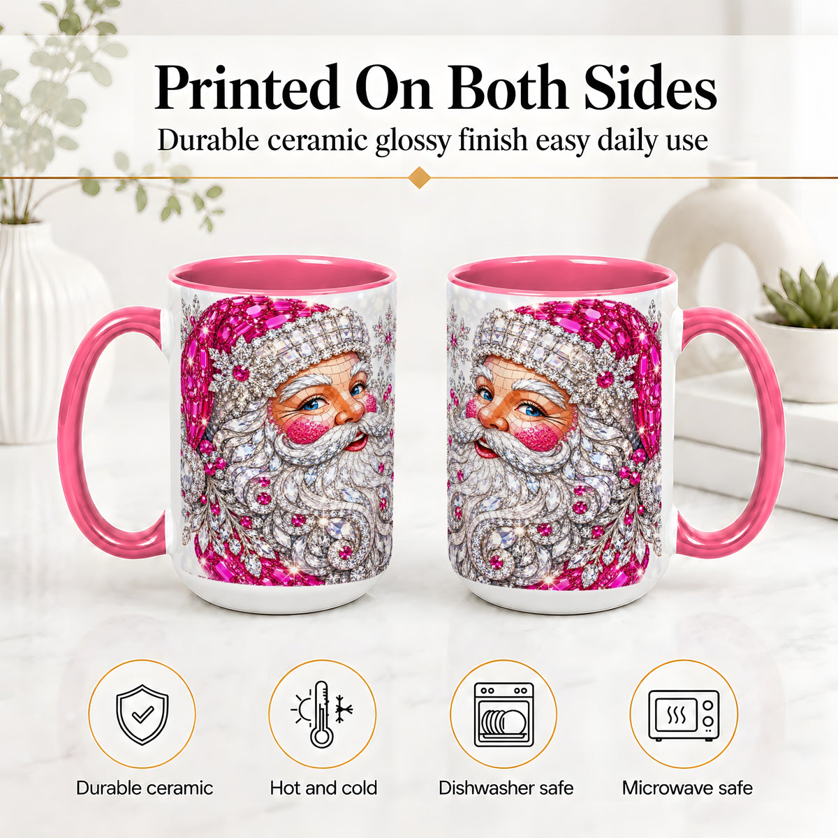 #pl[15oz|Pink] Jeweled Christmas Santa Ceramic Mug, Pink Crystal Holiday Artwork