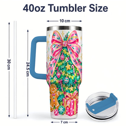 #pl[40oz|Blue] Pink Bow Christmas 40oz Tumbler, Festive Tree Holiday Artwork Drinkware