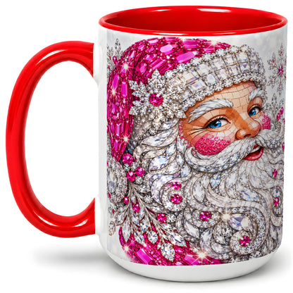 #pl[15oz|Red] Jeweled Christmas Santa Ceramic Mug, Pink Crystal Holiday Artwork