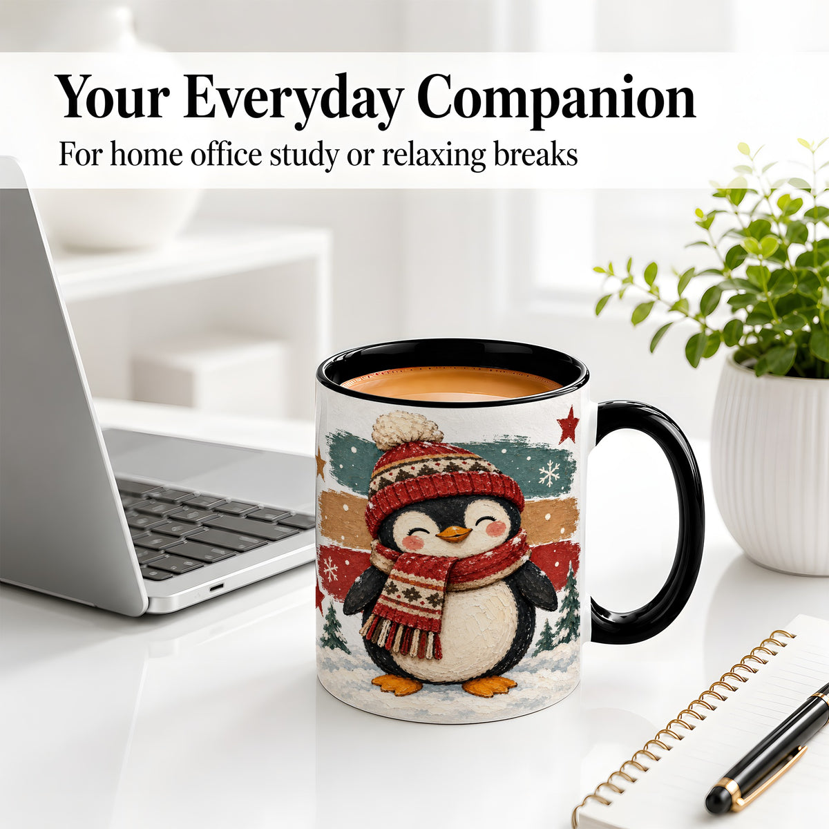#pl[11oz|Black] Winter Penguin Christmas Ceramic Mug, Cozy Scarf Snowy Artwork
