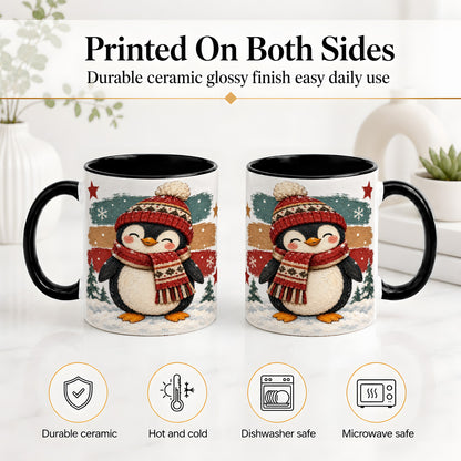 #pl[11oz|Black] Winter Penguin Christmas Ceramic Mug, Cozy Scarf Snowy Artwork