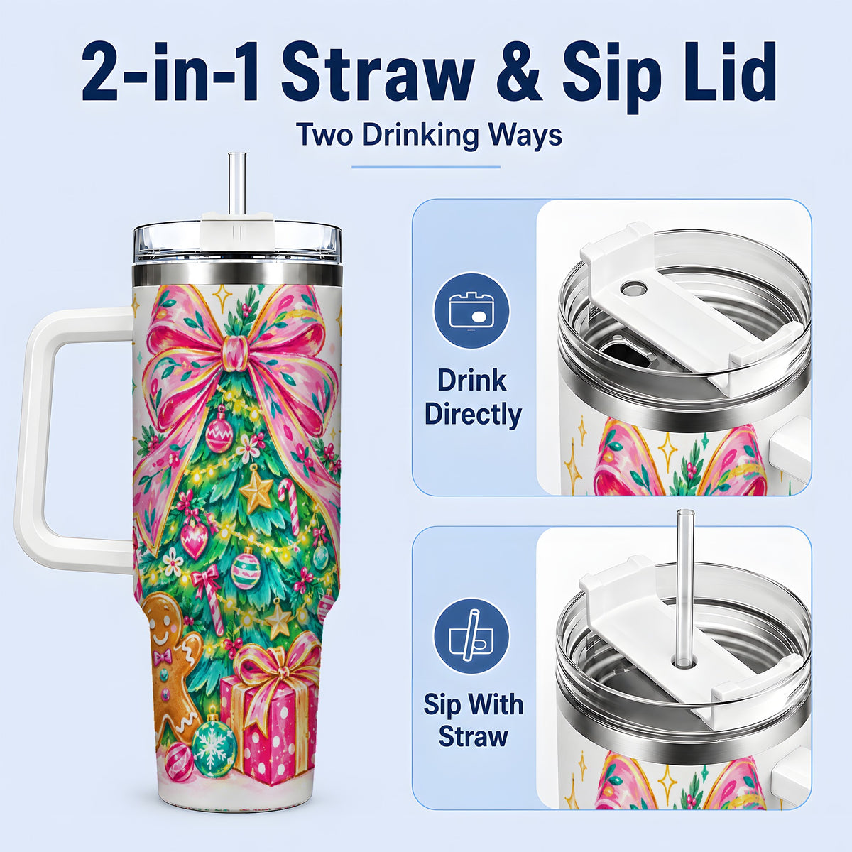 #pl[40oz|White] Pink Bow Christmas 40oz Tumbler, Festive Tree Holiday Artwork Drinkware