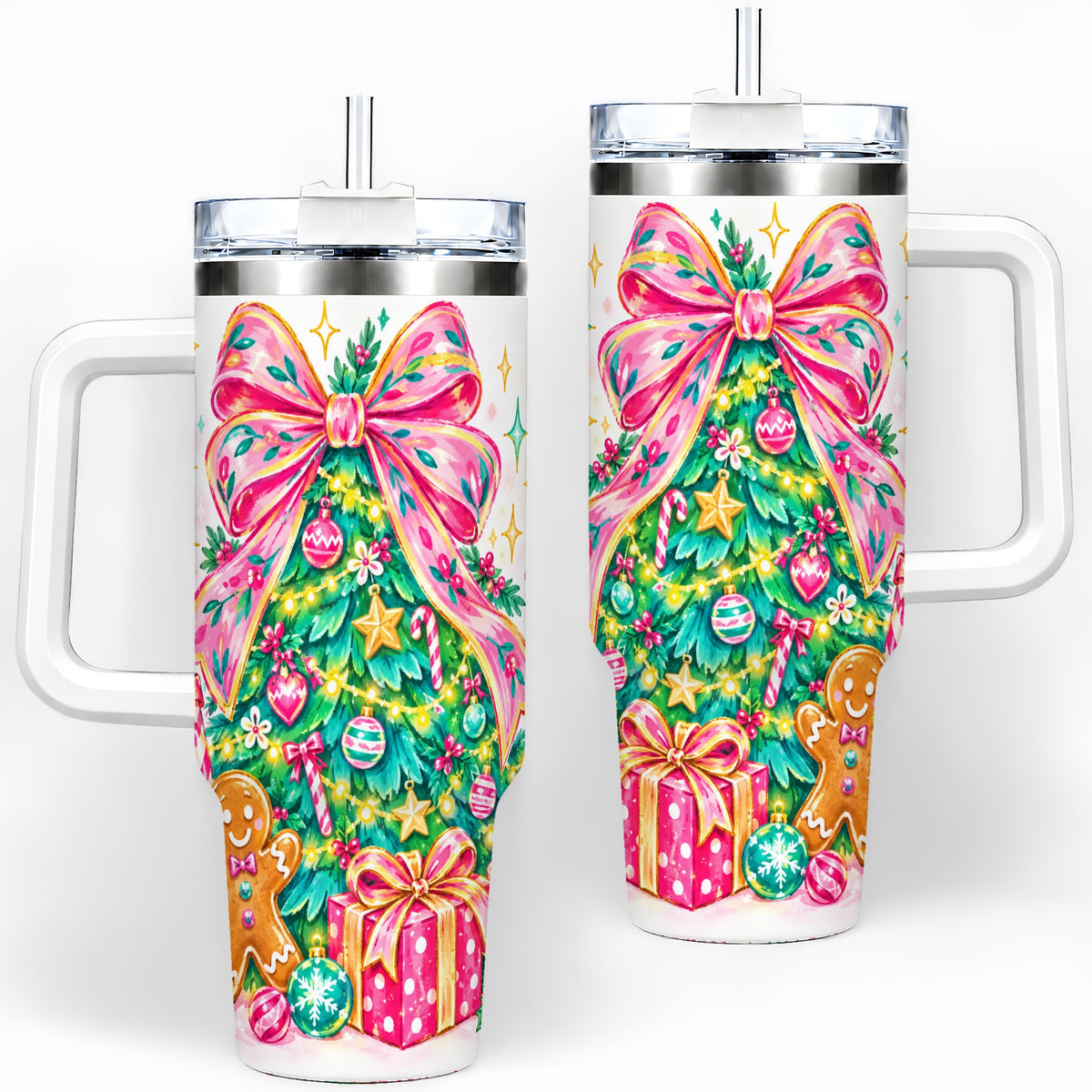 Pink Bow Christmas 40oz Tumbler, Festive Tree Holiday Artwork Drinkware