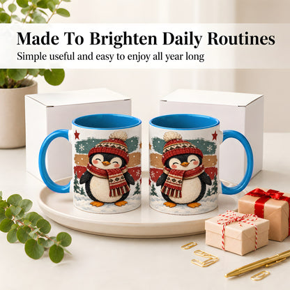 #pl[11oz|Blue] Winter Penguin Christmas Ceramic Mug, Cozy Scarf Snowy Artwork