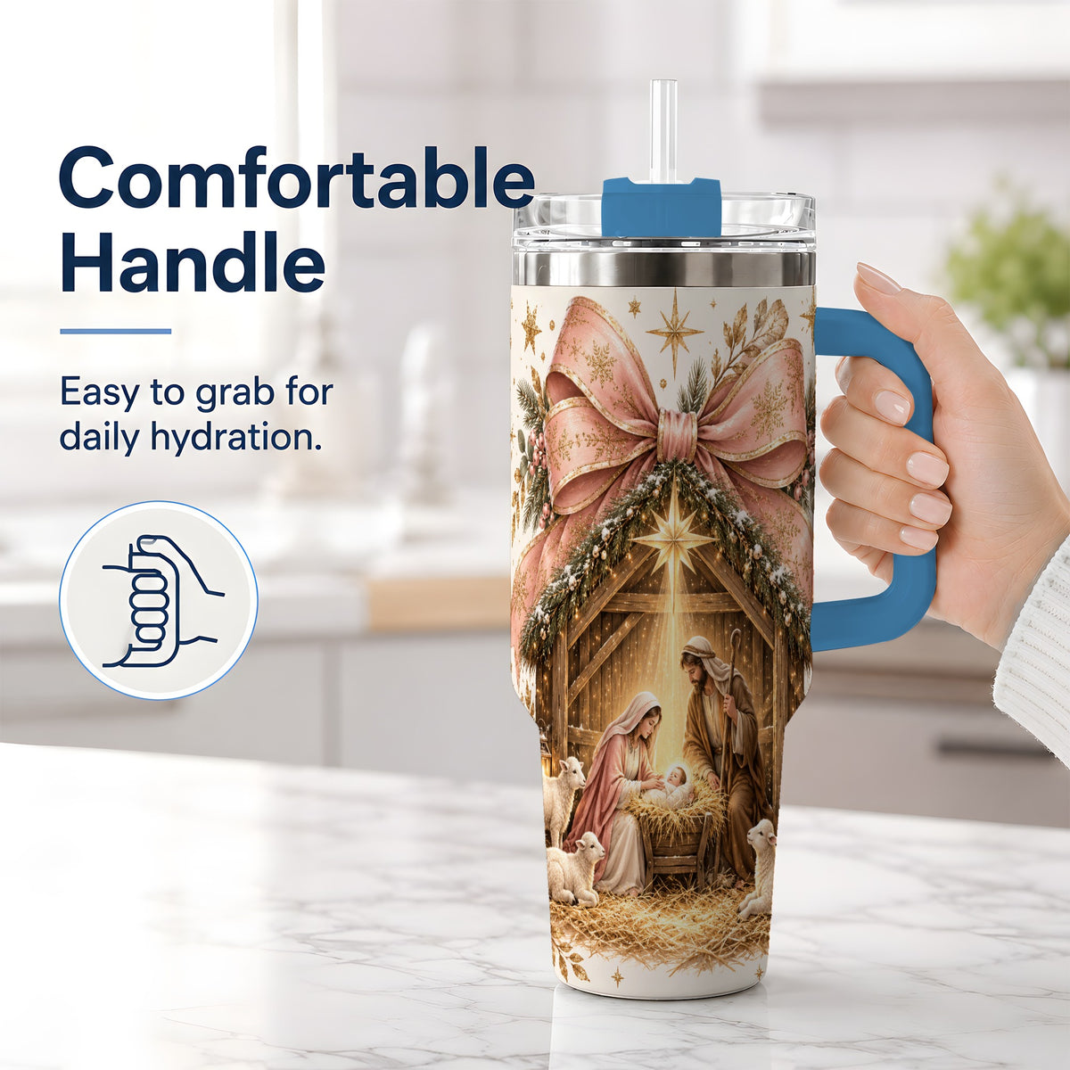 #pl[40oz|Blue] Nativity Christmas 40oz Tumbler, Manger Scene Christian Artwork Drinkware