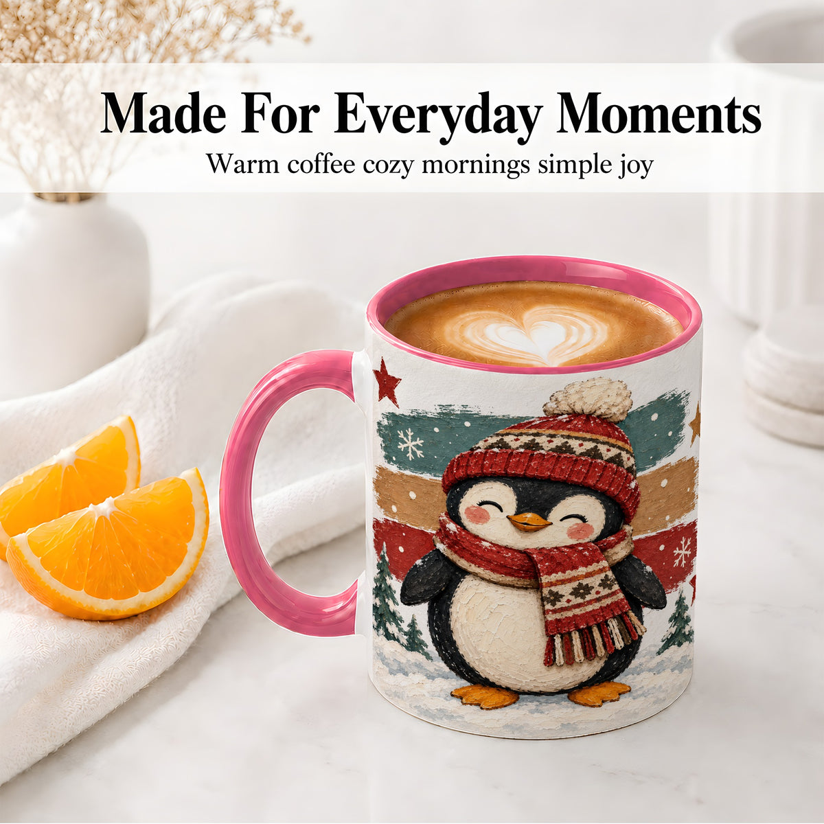 #pl[11oz|Pink] Winter Penguin Christmas Ceramic Mug, Cozy Scarf Snowy Artwork