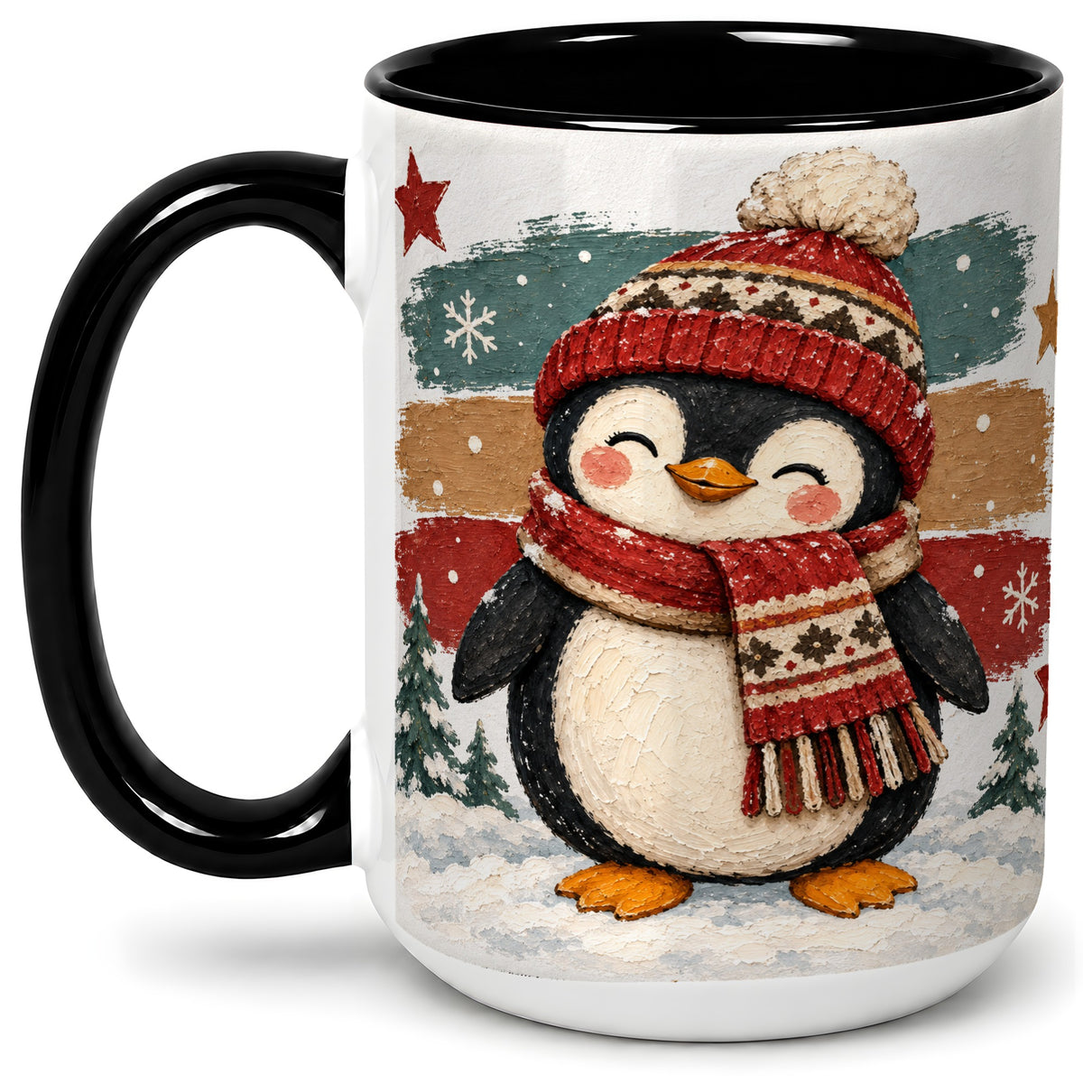 #pl[15oz|Black] Winter Penguin Christmas Ceramic Mug, Cozy Scarf Snowy Artwork