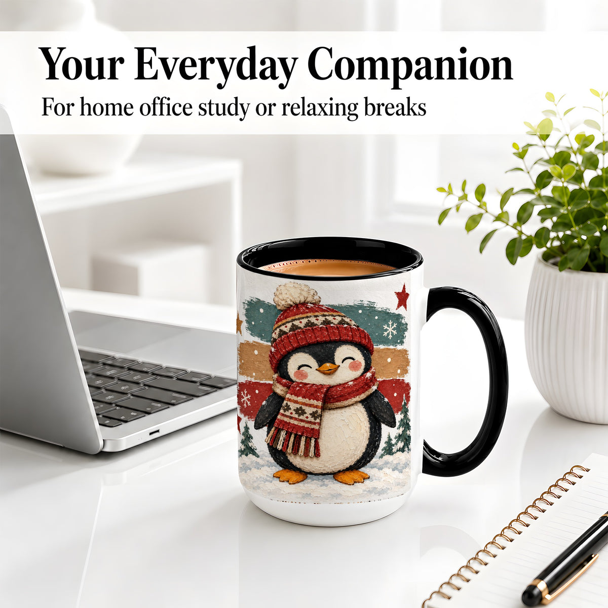 #pl[15oz|Black] Winter Penguin Christmas Ceramic Mug, Cozy Scarf Snowy Artwork