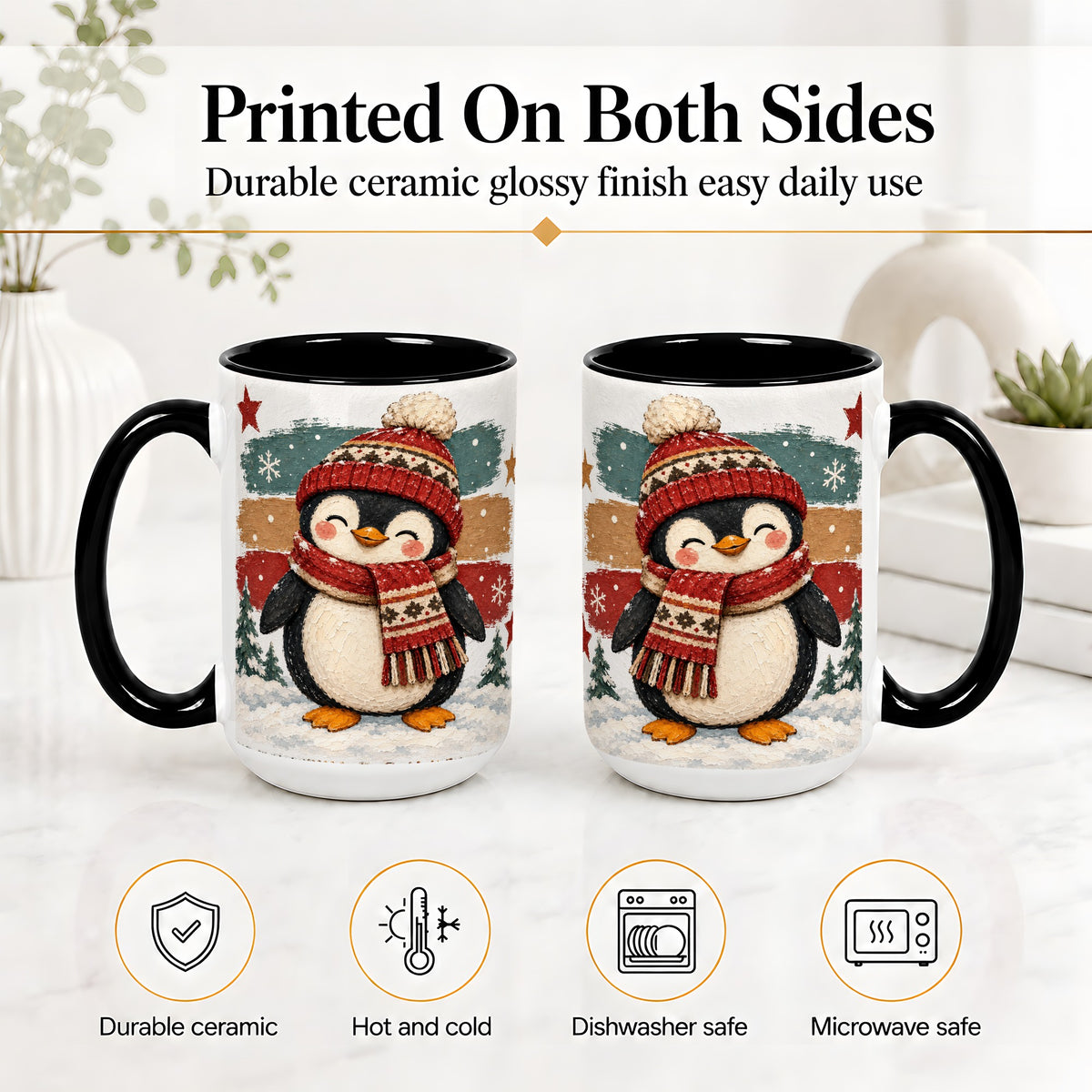 #pl[15oz|Black] Winter Penguin Christmas Ceramic Mug, Cozy Scarf Snowy Artwork