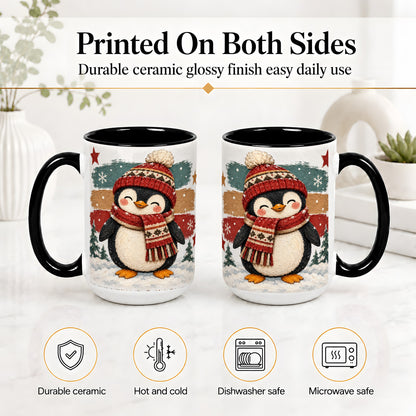 #pl[15oz|Black] Winter Penguin Christmas Ceramic Mug, Cozy Scarf Snowy Artwork