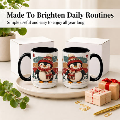 #pl[15oz|Black] Winter Penguin Christmas Ceramic Mug, Cozy Scarf Snowy Artwork