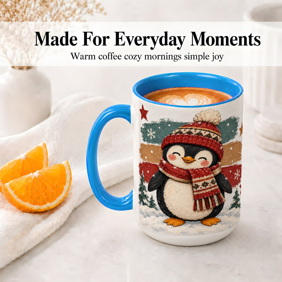 #pl[15oz|Blue] Winter Penguin Christmas Ceramic Mug, Cozy Scarf Snowy Artwork