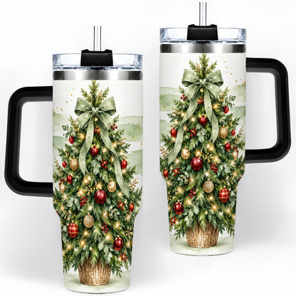 #pl[40oz|Black] Sage Bow Christmas Tree 40oz Tumbler, Watercolor Holiday Artwork Drinkware