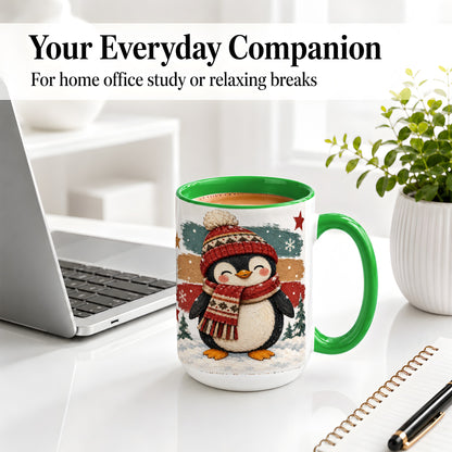 #pl[15oz|Green] Winter Penguin Christmas Ceramic Mug, Cozy Scarf Snowy Artwork