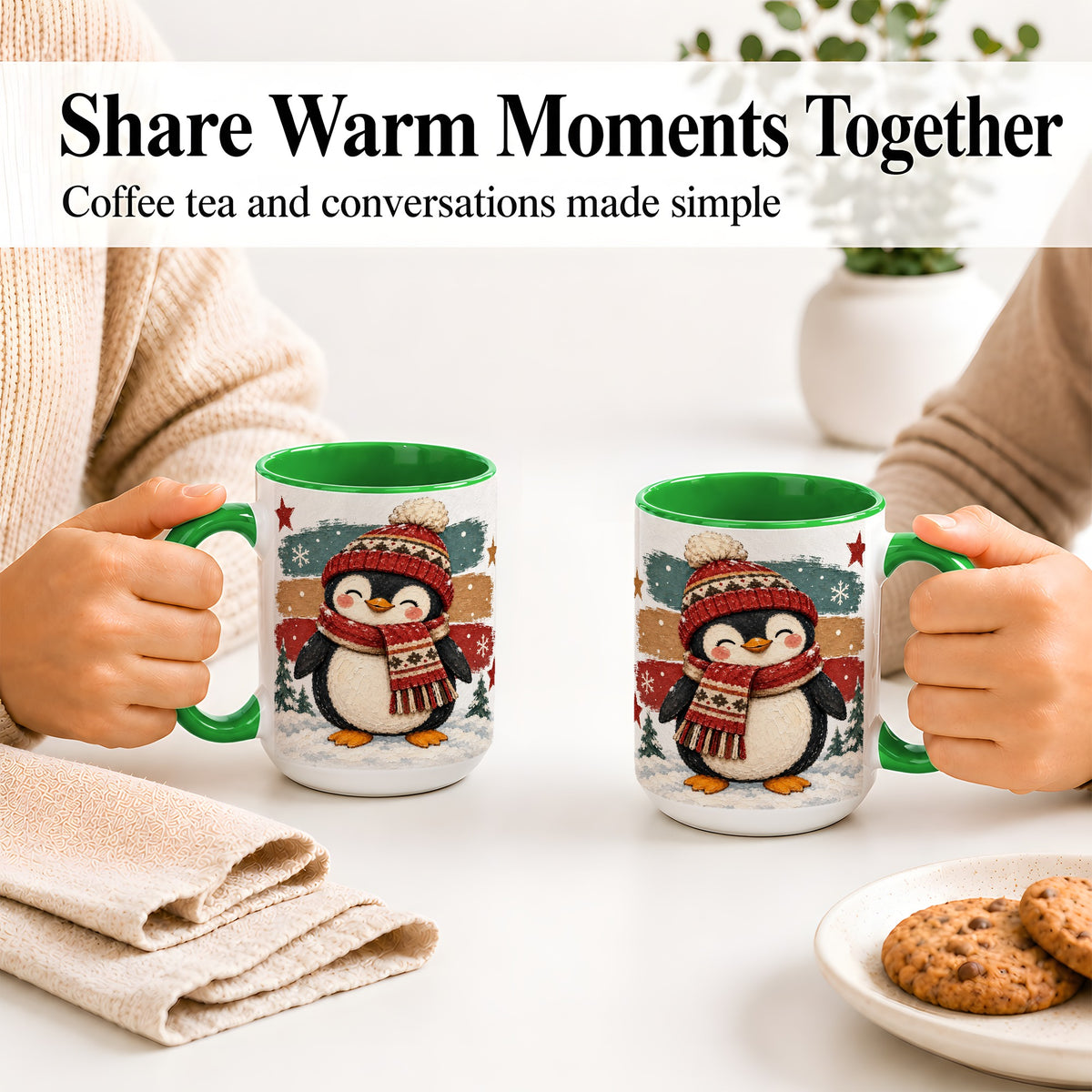 #pl[15oz|Green] Winter Penguin Christmas Ceramic Mug, Cozy Scarf Snowy Artwork