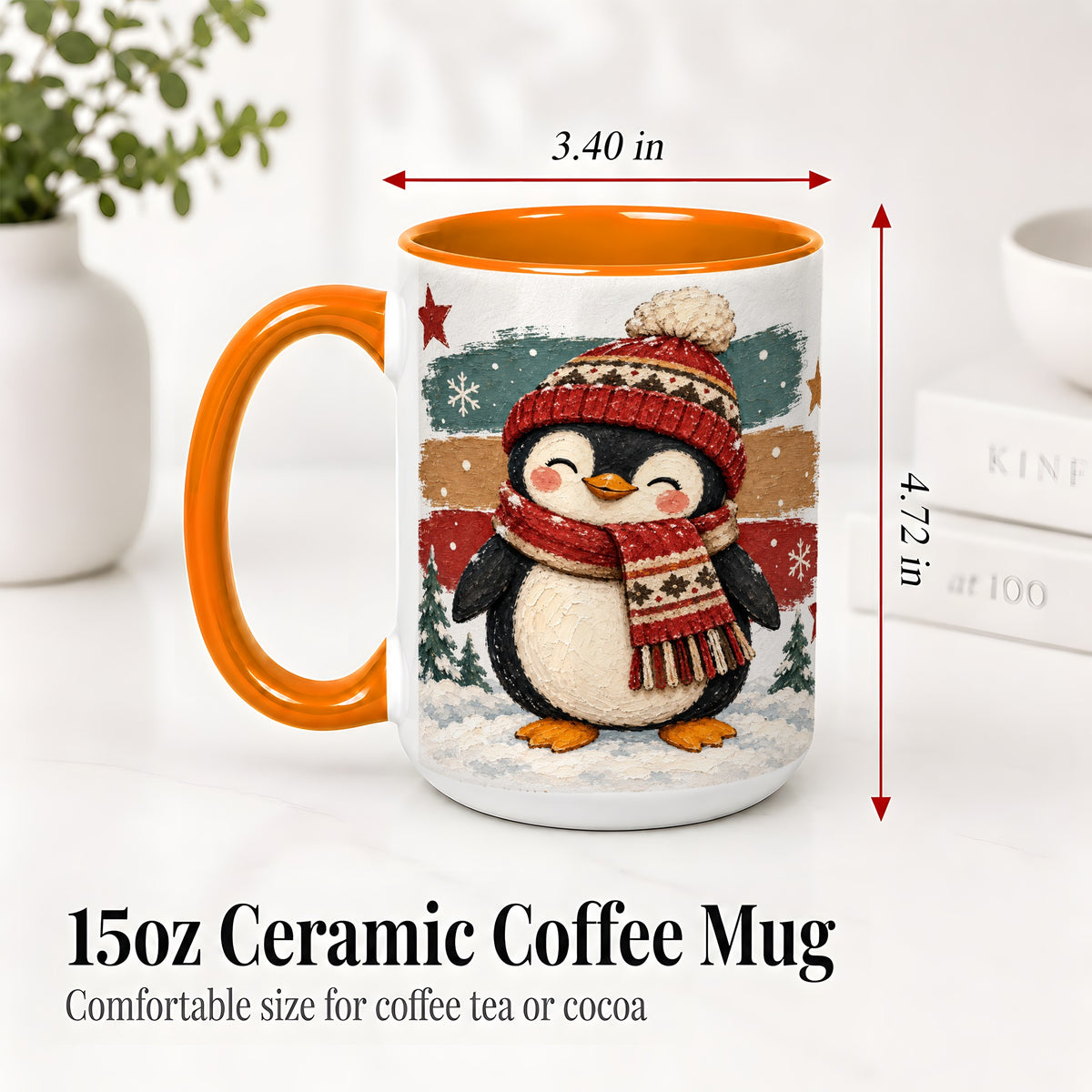 #pl[15oz|Orange] Winter Penguin Christmas Ceramic Mug, Cozy Scarf Snowy Artwork