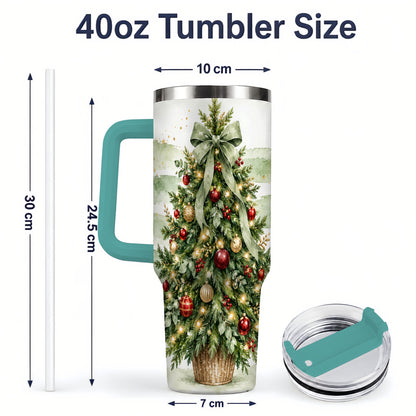 #pl[40oz|Green] Sage Bow Christmas Tree 40oz Tumbler, Watercolor Holiday Artwork Drinkware