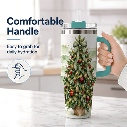 #pl[40oz|Green] Sage Bow Christmas Tree 40oz Tumbler, Watercolor Holiday Artwork Drinkware