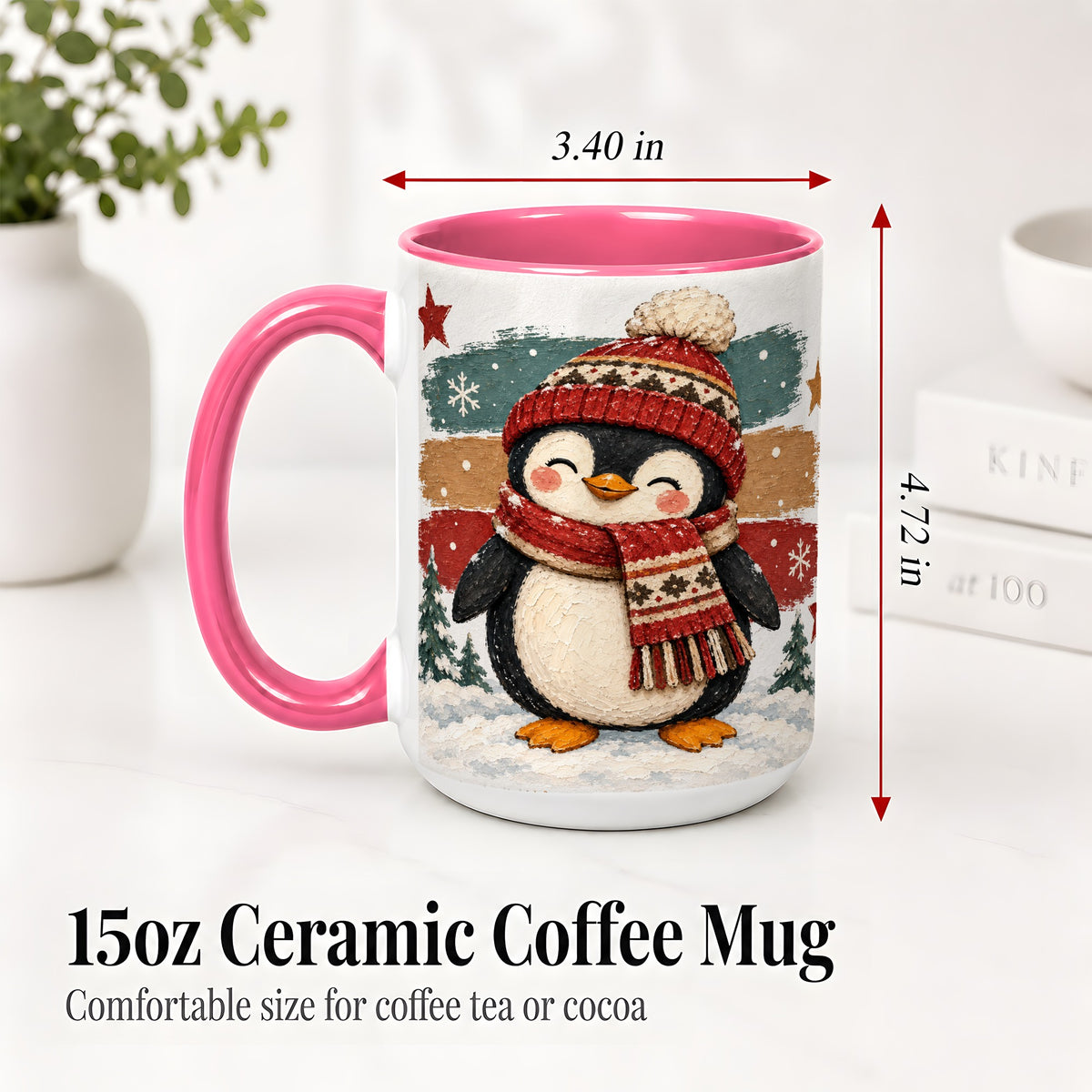 #pl[15oz|Pink] Winter Penguin Christmas Ceramic Mug, Cozy Scarf Snowy Artwork