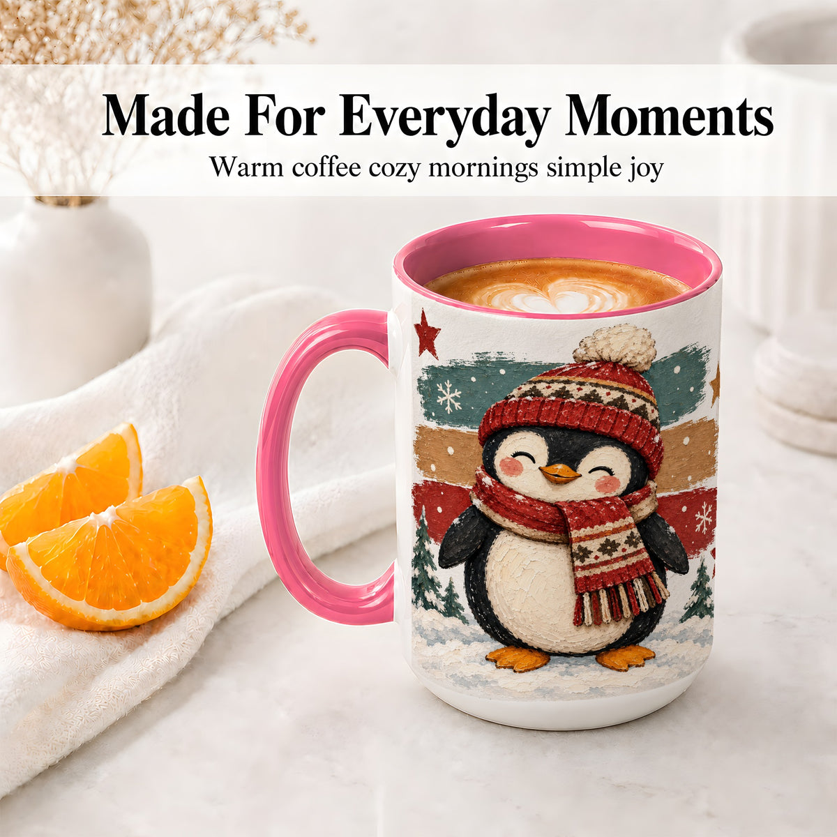 #pl[15oz|Pink] Winter Penguin Christmas Ceramic Mug, Cozy Scarf Snowy Artwork