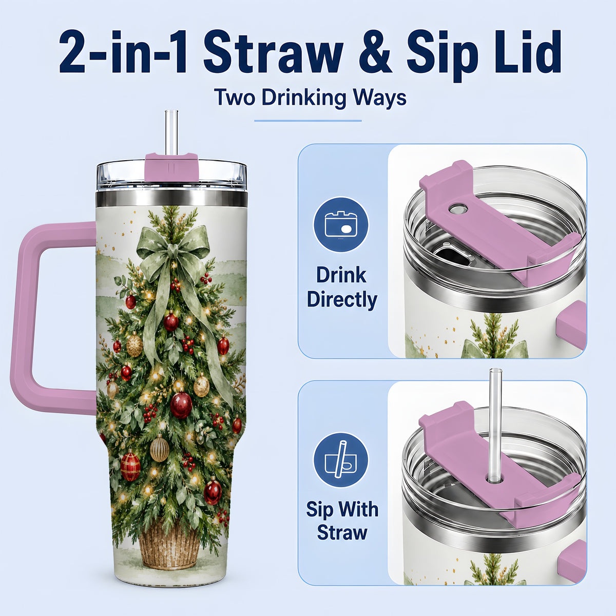 #pl[40oz|Pink] Sage Bow Christmas Tree 40oz Tumbler, Watercolor Holiday Artwork Drinkware