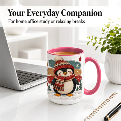 #pl[15oz|Pink] Winter Penguin Christmas Ceramic Mug, Cozy Scarf Snowy Artwork
