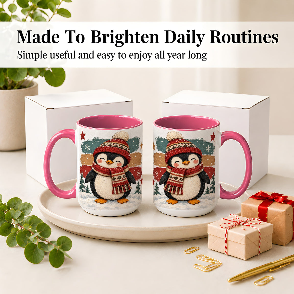 #pl[15oz|Pink] Winter Penguin Christmas Ceramic Mug, Cozy Scarf Snowy Artwork