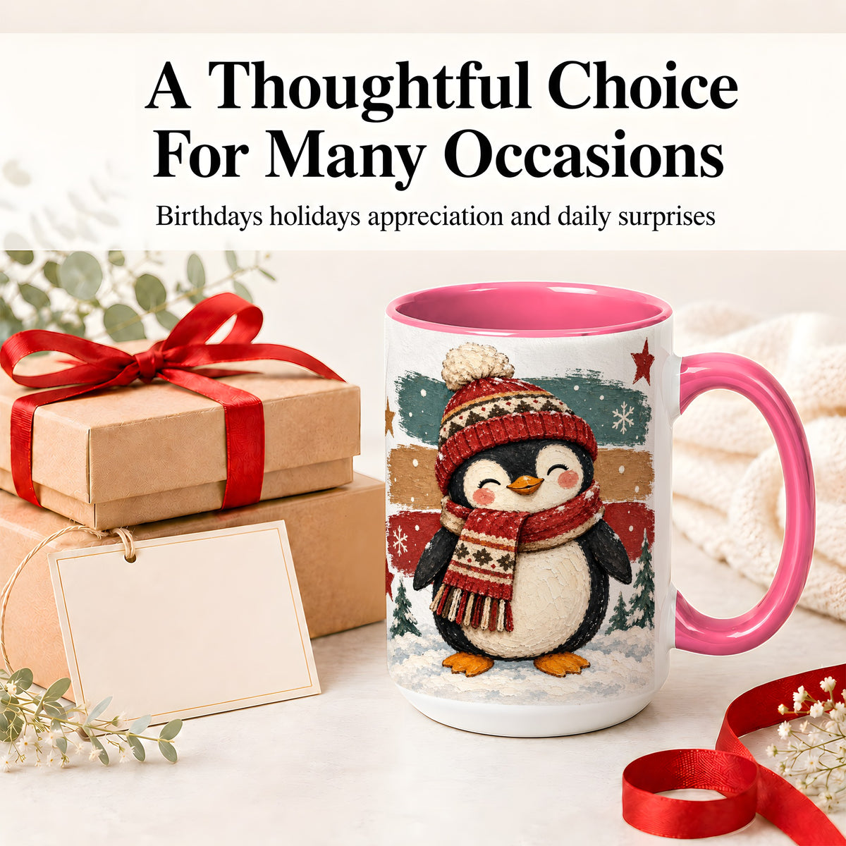 #pl[15oz|Pink] Winter Penguin Christmas Ceramic Mug, Cozy Scarf Snowy Artwork