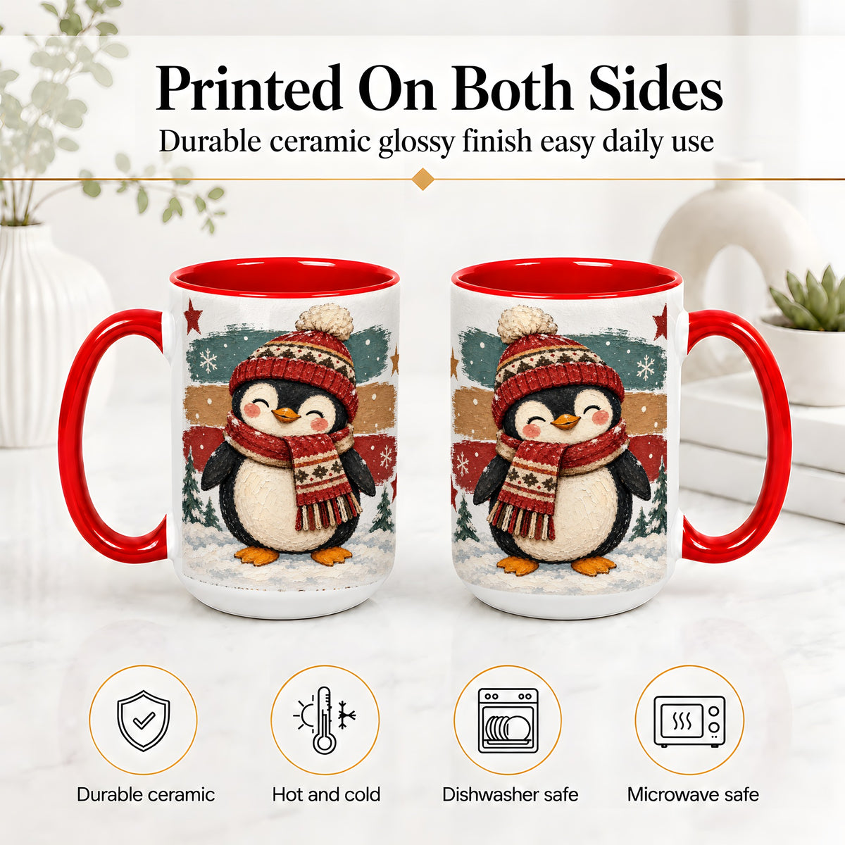 #pl[15oz|Red] Winter Penguin Christmas Ceramic Mug, Cozy Scarf Snowy Artwork