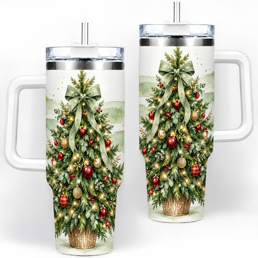 Sage Bow Christmas Tree 40oz Tumbler, Watercolor Holiday Artwork Drinkware