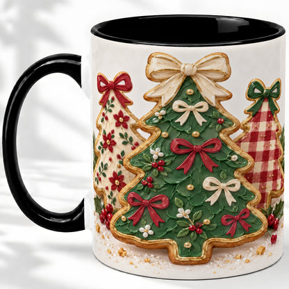 #pl[11oz|Black] Christmas Tree Cookie Ceramic Mug, Bow and Plaid Holiday Artwork