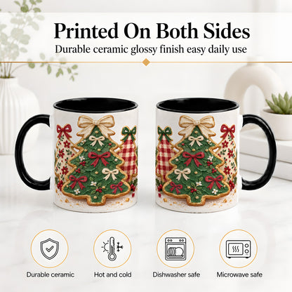 #pl[11oz|Black] Christmas Tree Cookie Ceramic Mug, Bow and Plaid Holiday Artwork