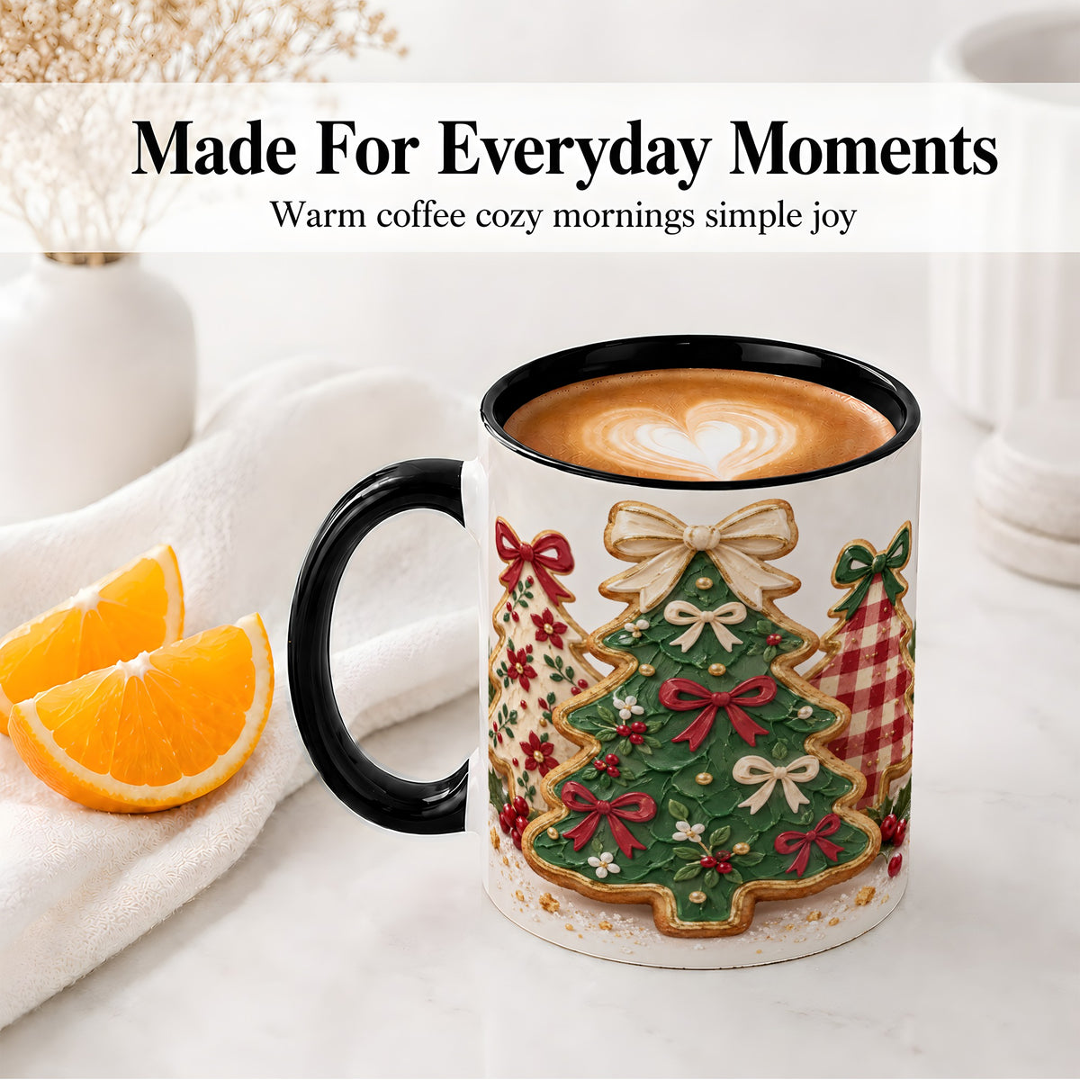 #pl[11oz|Black] Christmas Tree Cookie Ceramic Mug, Bow and Plaid Holiday Artwork