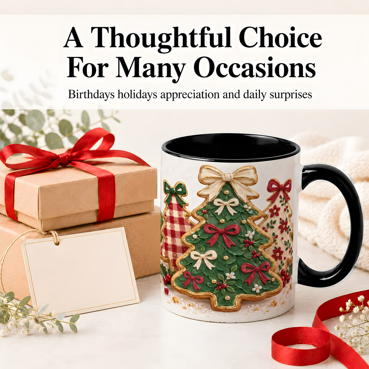 #pl[11oz|Black] Christmas Tree Cookie Ceramic Mug, Bow and Plaid Holiday Artwork