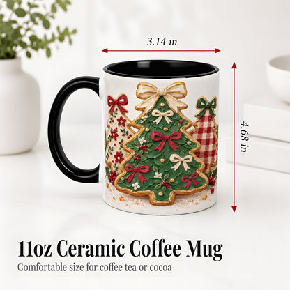#pl[11oz|Black] Christmas Tree Cookie Ceramic Mug, Bow and Plaid Holiday Artwork