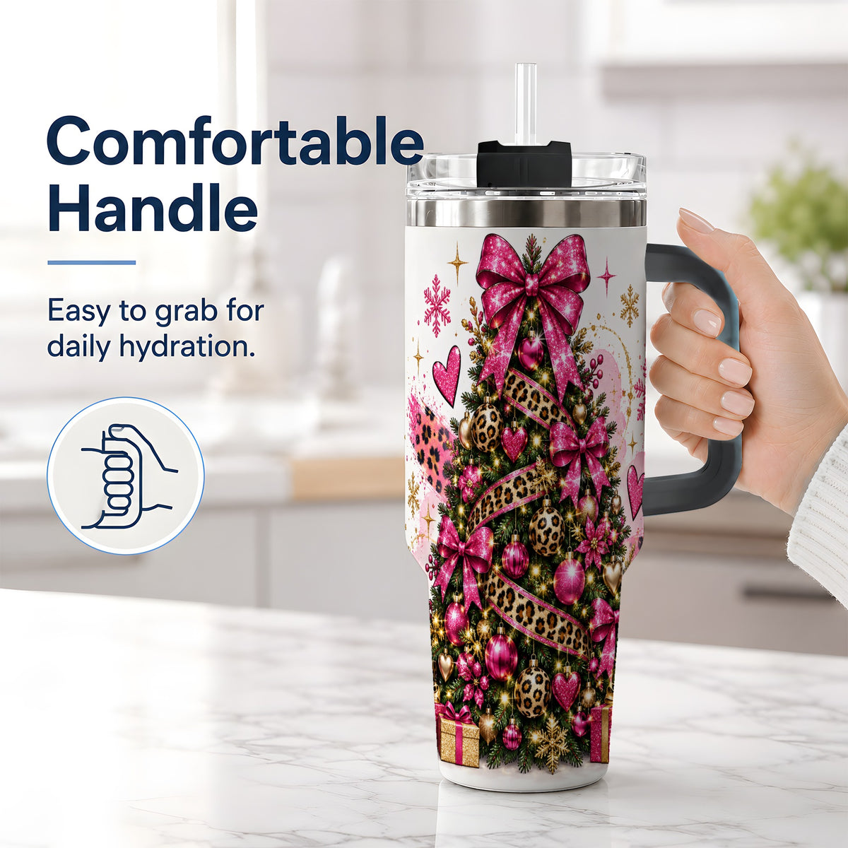#pl[40oz|Black] Pink Leopard Christmas 40oz Tumbler, Glitter Tree Holiday Artwork