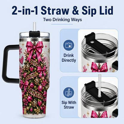 #pl[40oz|Black] Pink Leopard Christmas 40oz Tumbler, Glitter Tree Holiday Artwork