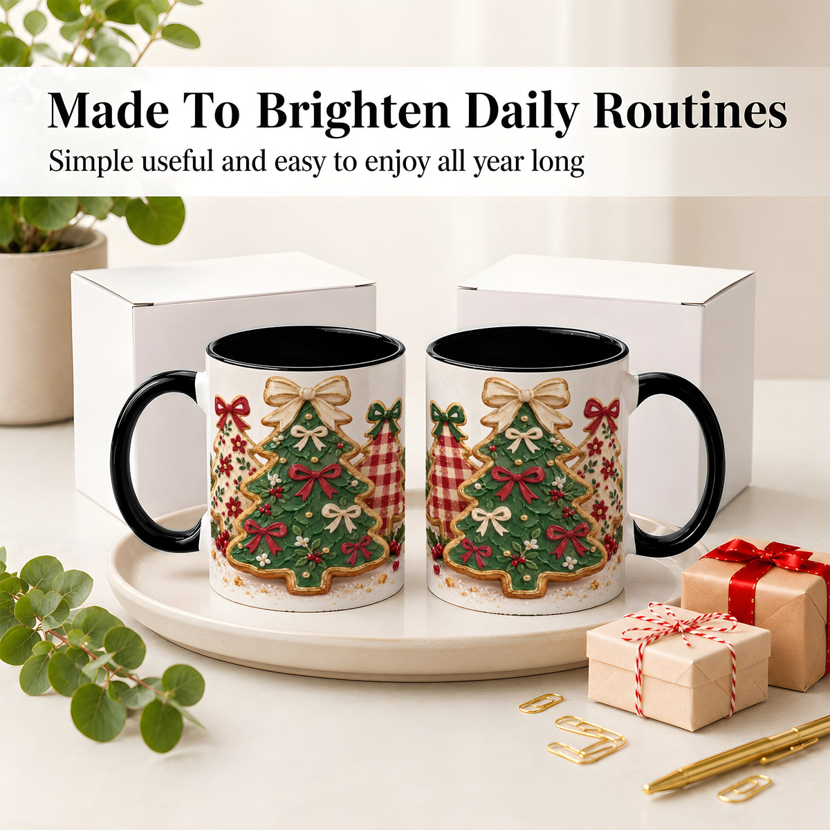 #pl[11oz|Black] Christmas Tree Cookie Ceramic Mug, Bow and Plaid Holiday Artwork