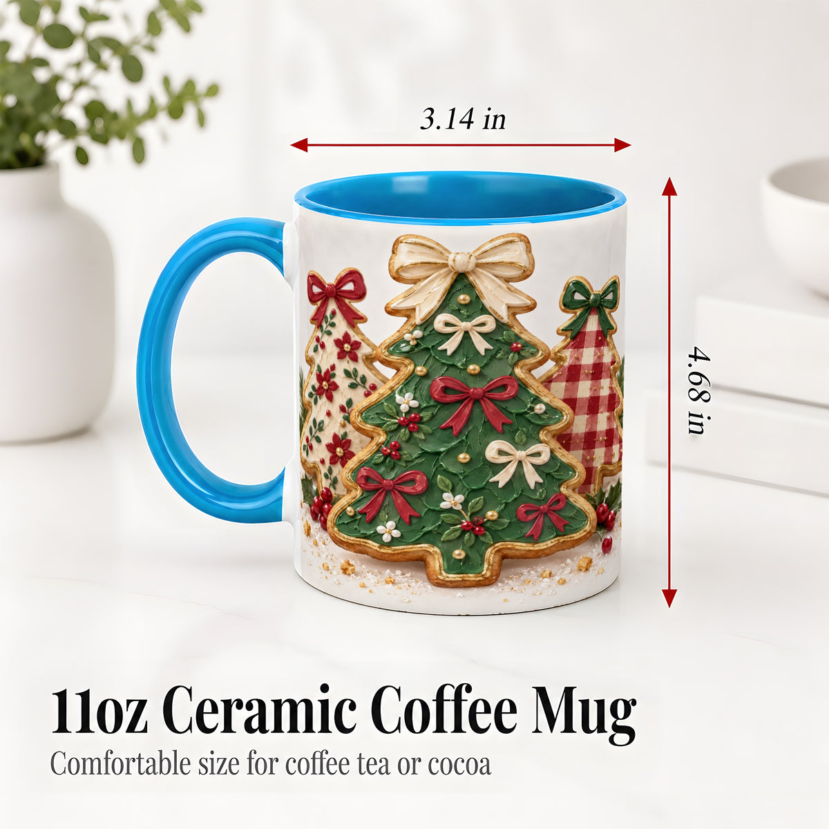#pl[11oz|Blue] Christmas Tree Cookie Ceramic Mug, Bow and Plaid Holiday Artwork