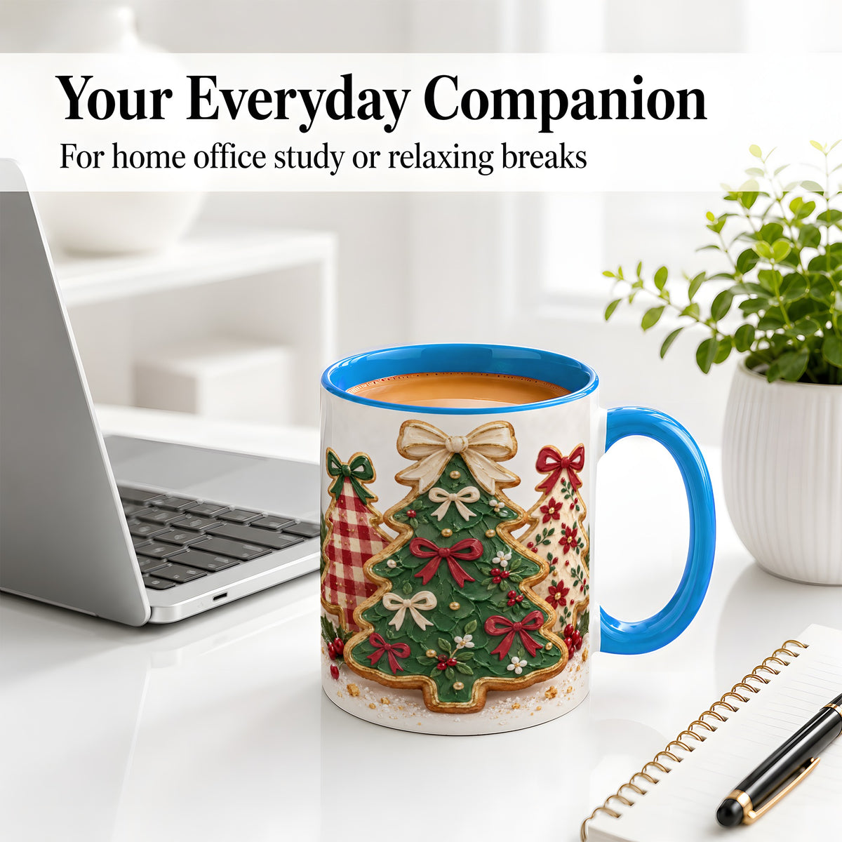#pl[11oz|Blue] Christmas Tree Cookie Ceramic Mug, Bow and Plaid Holiday Artwork