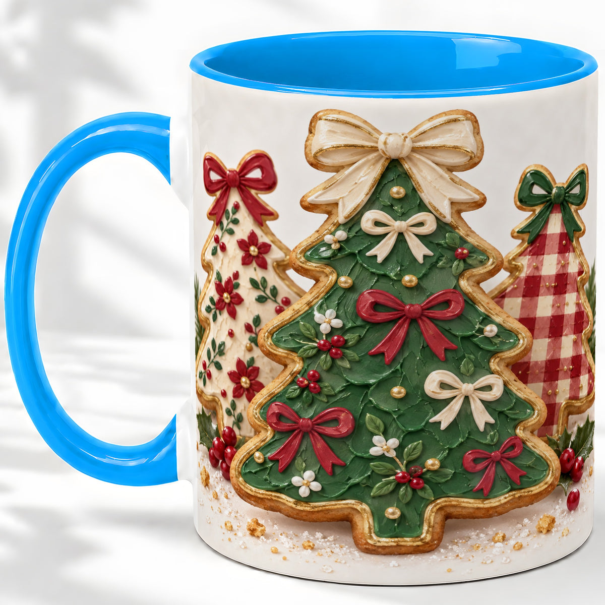 #pl[11oz|Blue] Christmas Tree Cookie Ceramic Mug, Bow and Plaid Holiday Artwork